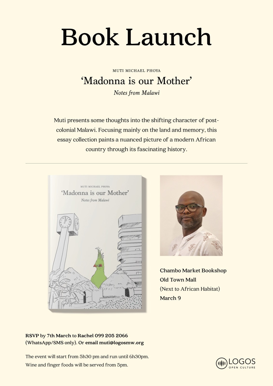 Poster of the book launch of 'Madonna is our Mother': Notes from Malawi by Muti Michael Phoya published by Logos Open Culture